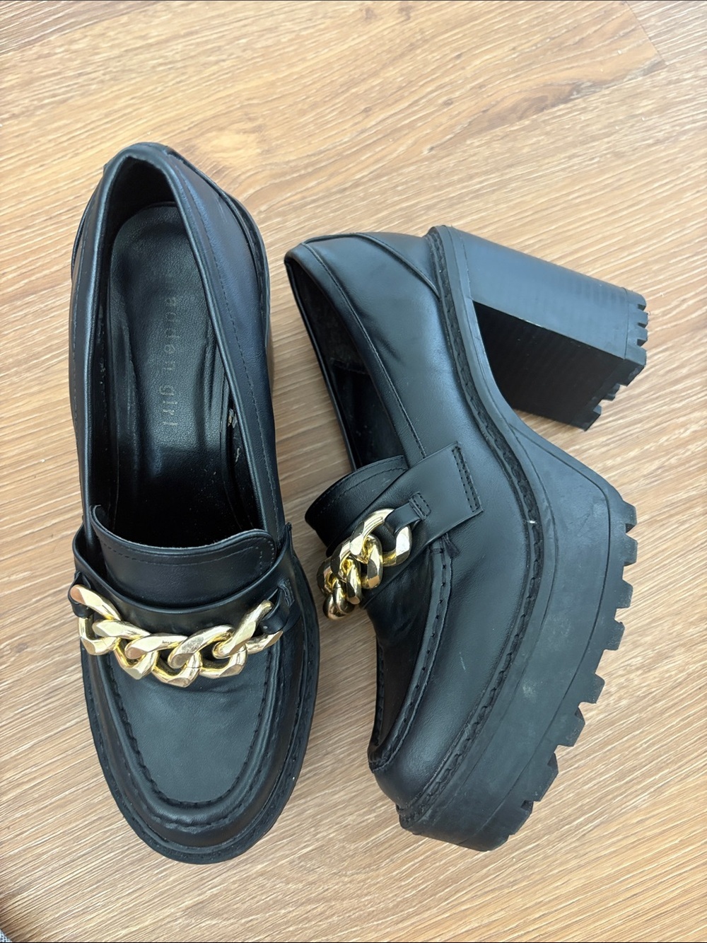 Madden Girl Kassidy Loafer platform heels with gold chain
